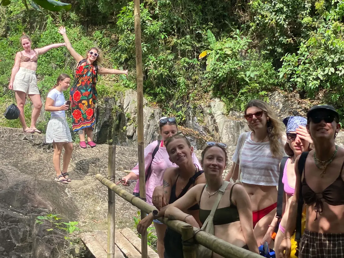 Guests on a bamboo footbridge along a jungle trail on Biliran Island