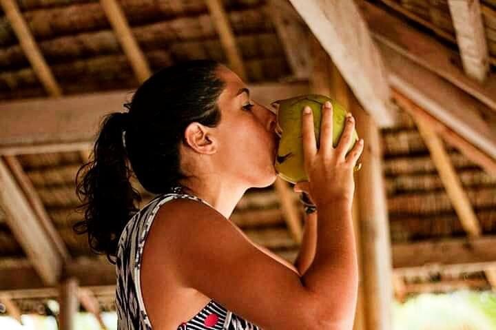 A traveller drinking from a fresh coconut under a nipa hut