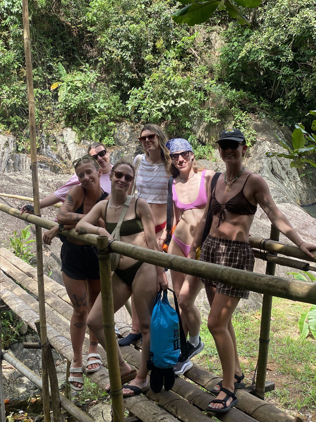 A group of guests on a wooden jungle staircase at a trailhead