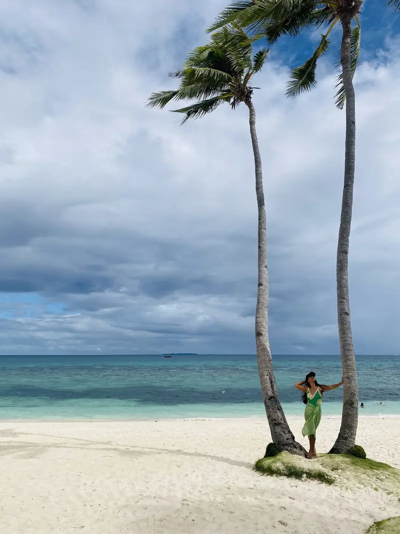Tall palms leaning over the white-sand beach at Malapascua